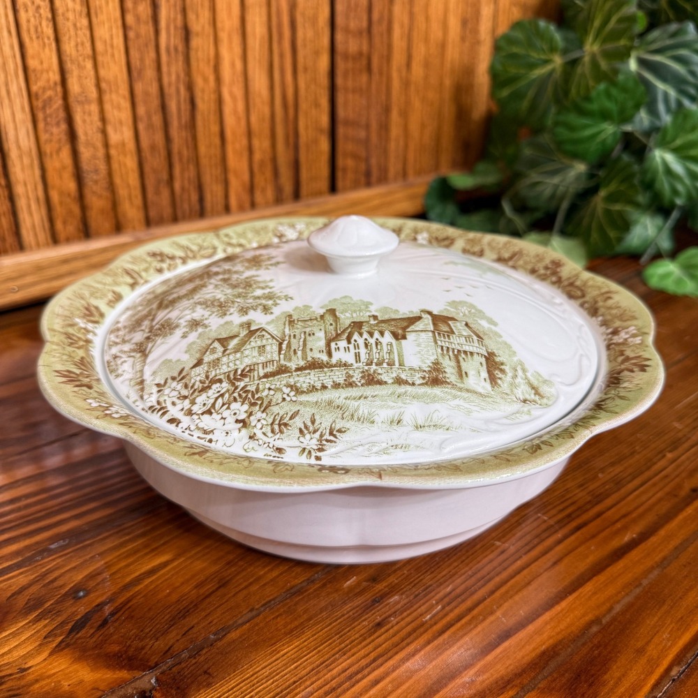 J & G Meakin Romantic England Stokesay Castle Green Ironstone Covered Bowl Vtg